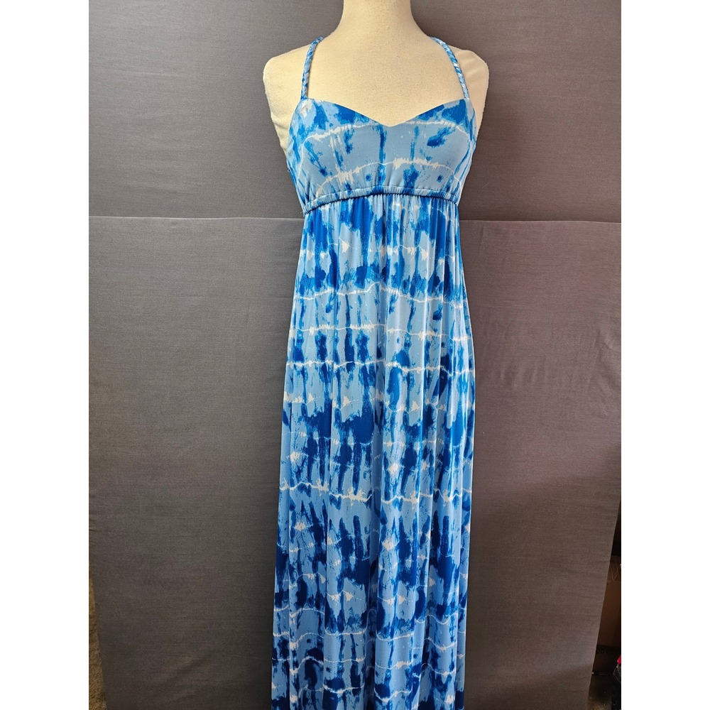 XOXO Blue Tie Dye Halter Maxi Dress Women's Size Small Flowy Beach Vacation